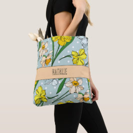Bolso De Tela Patrón azul retro floral monogramado de bonito