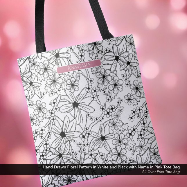 Bolso De Tela Patrón blanco floral dibujado a mano y nombre rosa (Tote Bag: Hand Drawn Floral Pattern in Black White, Personalized with Name in Pink)