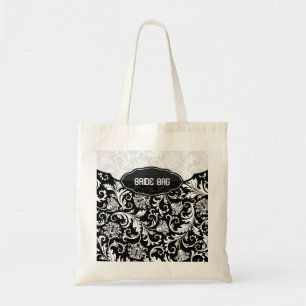 Bolso De Tela Patrón blanco sobre damasco floral negro 2-monogra