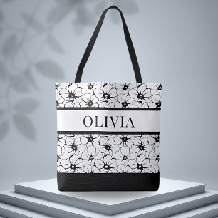 Bolso De Tela Patrón blanco y negro floral personalizado