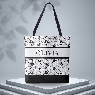 Bolso De Tela Patrón blanco y negro floral personalizado