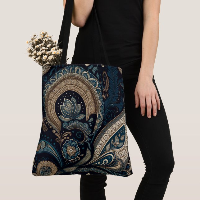 Bolso De Tela Patrón Boho Moda Azul oscuro Paisley azul (Detalle)