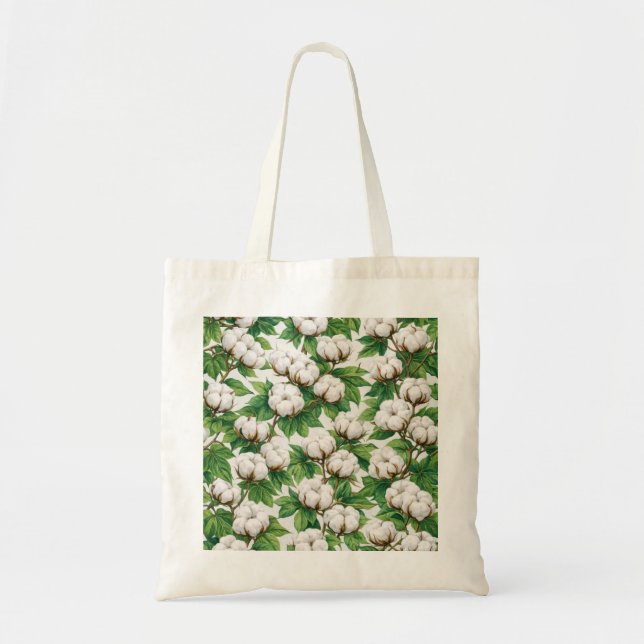 Bolso De Tela Patrón Botánico de Capullo de Algodón Blanco (Frente)