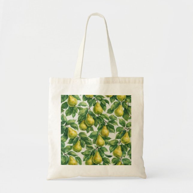 Bolso De Tela Patrón Botánico de Pera Verde (Frente)
