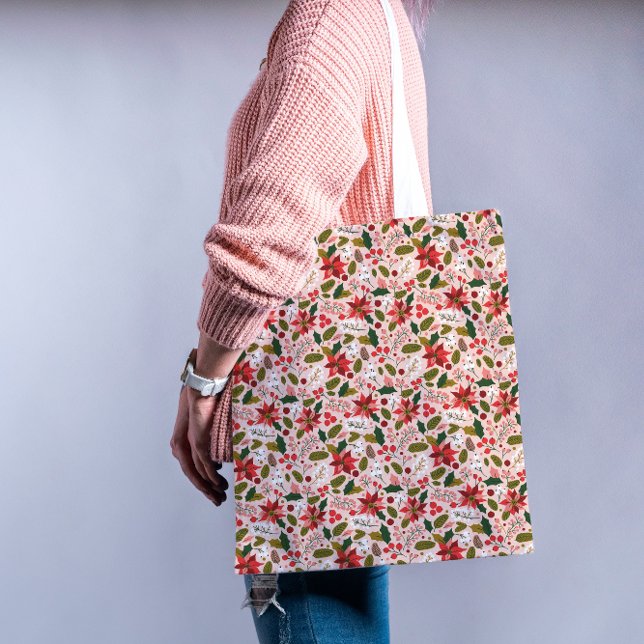Bolso De Tela Patrón botánico folk moderno de poinsettia rosada (Get ready for a stylish and merry holiday season—our festive totes are filled with cheer! 🎁)