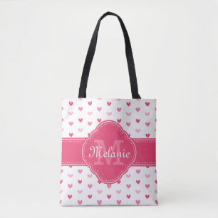 Bolso De Tela Patrón cardíaco blanco y rosado con monograma