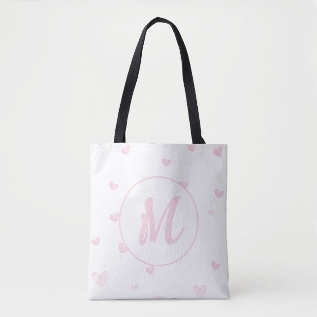 Bolso De Tela Patrón cardíaco rosado Girly Romántico Monogramado (Anverso)