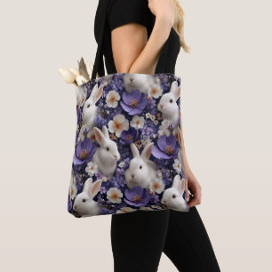 Bolso De Tela Patrón con conejos blancos y flores púrpuras