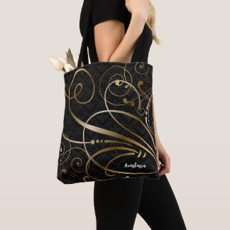 Bolso De Tela Patrón Damask Swirls Gold Personalizado