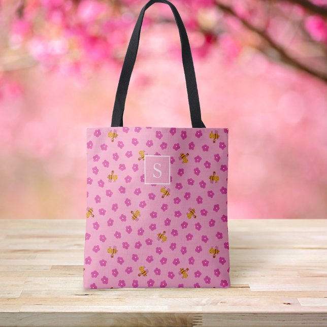 Bolso De Tela Patrón de abejas y flores monograma rosa (Subido por el creador)