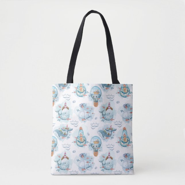 Bolso De Tela Patrón de acuarela de ballenas náuticas (Anverso)