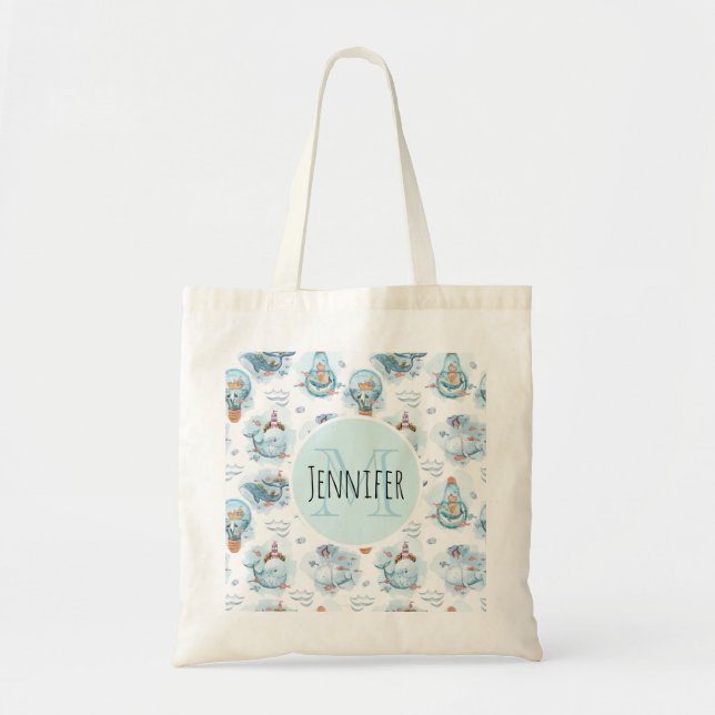 Bolso De Tela Patrón de acuarela de ballenas náuticas (Frente)