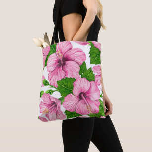 Bolso De Tela Patrón de acuarela de hibiscos rosados