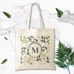 Bolso De Tela Patrón de acuarela de hojas verdes monogramadas