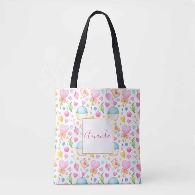 Bolso De Tela Patrón de acuarela dulce Corazones y pasteles (Anverso)
