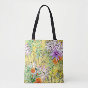 Bolso De Tela Patrón de acuarela floral con fondo amarillo