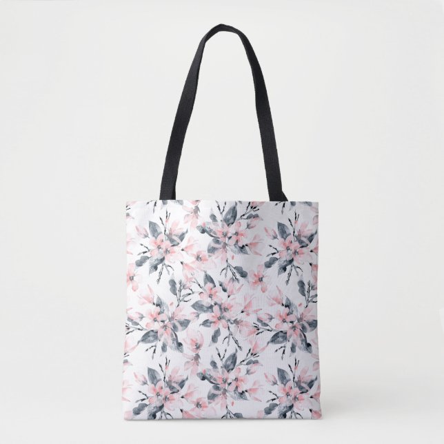Bolso De Tela Patrón de acuarela floral rosa y gris (Anverso)