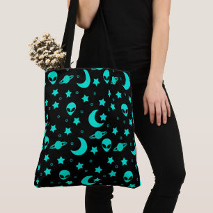 Bolso De Tela Patrón de Alien Turquesa con Estrellas y Lunas