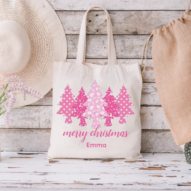 Bolso De Tela Patrón de árbol de Navidad rosa con nombre elegant (Pink Christmas Tree Pattern with Elegant Name Tote Bag)