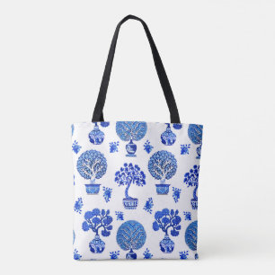 Bolso De Tela Patrón de árboles bonsai en azul cobalto y blanco