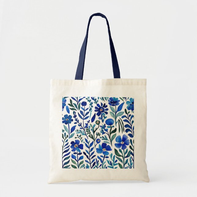 Bolso De Tela Patrón de arte acuarela de las flores azules (Frente)