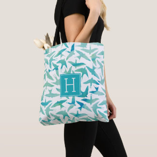 Bolso De Tela Patrón de aves acuarelas verde azuladas