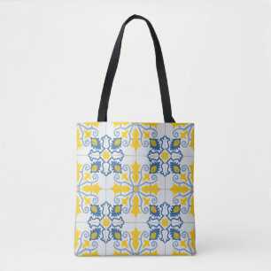 Bolso De Tela Patrón de azulejos azules y amarillos en portugués