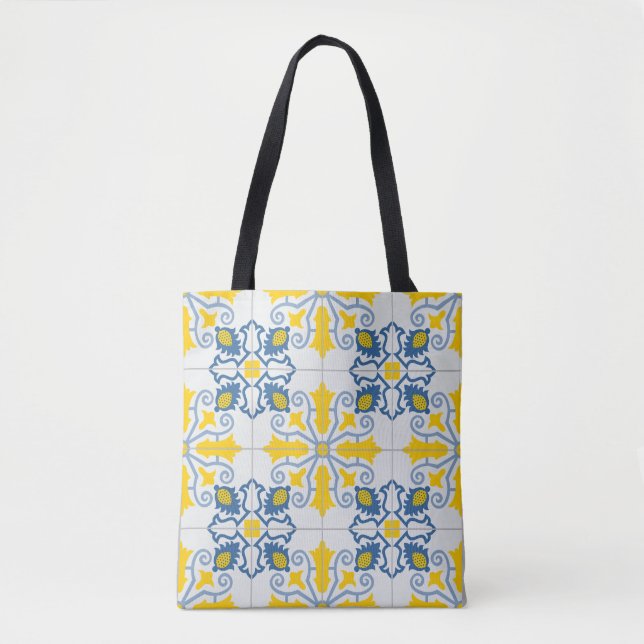 Bolso De Tela Patrón de azulejos azules y amarillos en portugués (Anverso)
