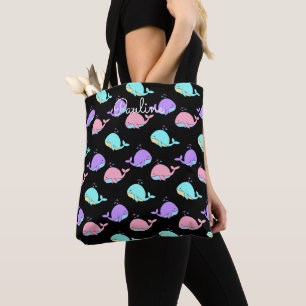 Bolso De Tela Patrón de ballena kawaii personalizado negro