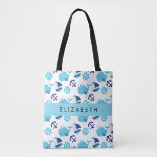 Bolso De Tela Patrón de ballenas, ballenas azules, tu nombre