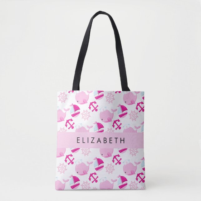 Bolso De Tela Patrón de ballenas, ballenas rosadas, tu nombre (Anverso)