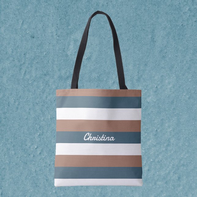 Bolso De Tela Patrón de banda Personalizado Verde azulado Marrón (A tote bag with mocha brown, teal and white stripes!  Includes text that can be personalized!)
