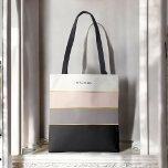 Bolso De Tela Patrón de bandas femeninas simples con su nombre<br><div class="desc">Este tote de moda moderna y elegancia femenina presenta un bonito diseño con rayas negras, grises, rosas y cremosas cáscaras blancas. Las delgadas líneas de imitación dorada separan los colores en un estilo de diseño. Personaliza con un nombre, monograma u otro texto deseado. También puede eliminar el nombre de ejemplo...</div>