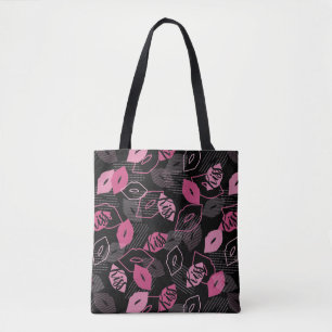 Bolso De Tela Patrón de Besado de los labios rosados Ver negro