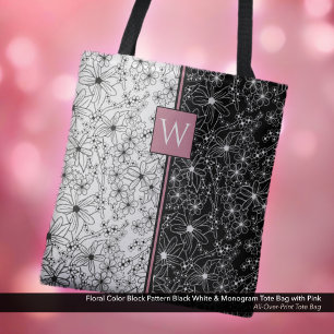 Bolso De Tela Patrón de bloque de color floral Blanco negro y mo