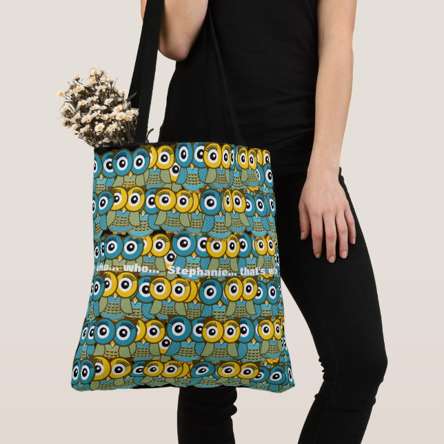 Bolso De Tela Patrón de búho azul y verde amarillo (Detalle)