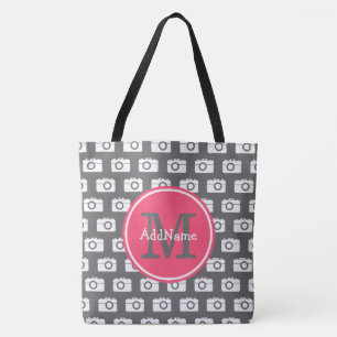 Bolso De Tela Patrón de cámara gris monogramo y nombre personali