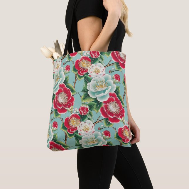 Bolso De Tela Patrón de camelias rojas y blancas de Chiyogami (Detalle)