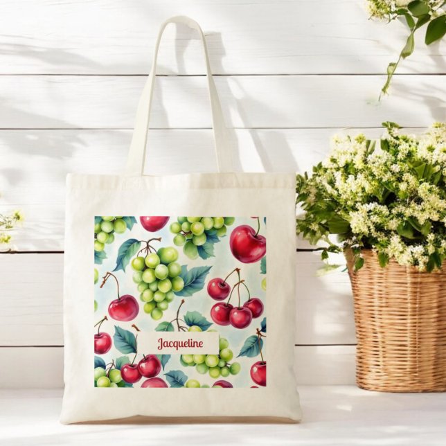 Bolso De Tela Patrón de cerezo de uvas de frutos rojos verdes (Subido por el creador)