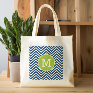 Bolso De Tela Patrón de cheurón blanco de la marina con monogram