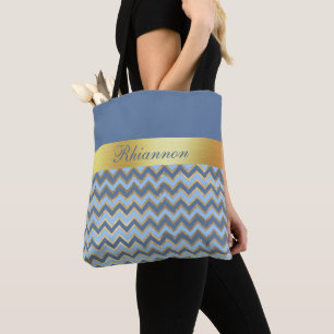 Bolso De Tela Patrón De Chevron De Slate Blue Y Gold - Personali