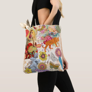 Bolso De Tela Patrón de Collage Boho Vintage Alma Gitana Crema