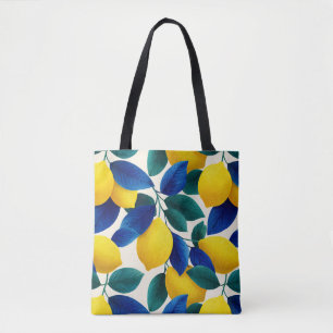 Bolso De Tela Patrón de color de agua de las hojas de limón y az