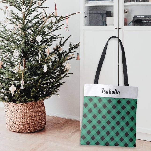 Bolso De Tela Patrón de comprobación de búfalo de plástico verde (An elegant personalized tote bag, ideal for Christmas shopping, with green buffalo check pattern)