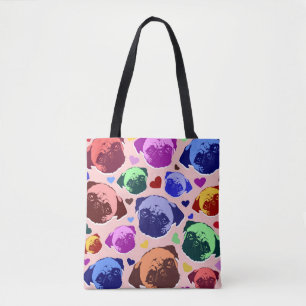 Bolso De Tela Patrón de Corazones de Amor de Perro de Pug Puppy 