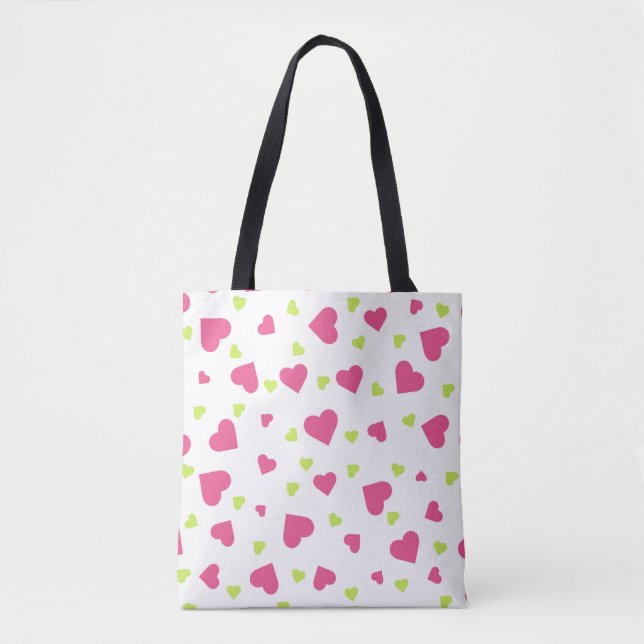 Bolso De Tela Patrón de corazones tumultuosos verde y rosa (Anverso)