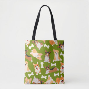 Bolso De Tela Patrón de corgi corto verde