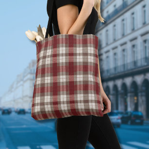 Bolso De Tela Patrón de Cuadro Clásico Marrón Rojo Oxidado Marfi