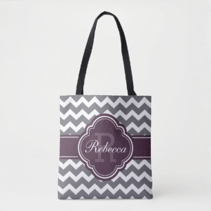 Bolso De Tela Patrón de Cuatrefoil Morado Monograma Gris Chevron