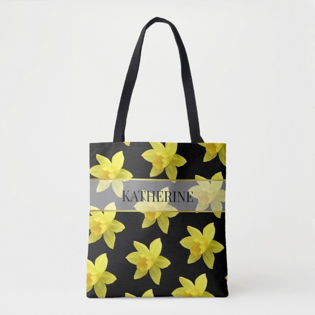Bolso De Tela Patrón de Daffodil amarillo y negro personalizado (Anverso)